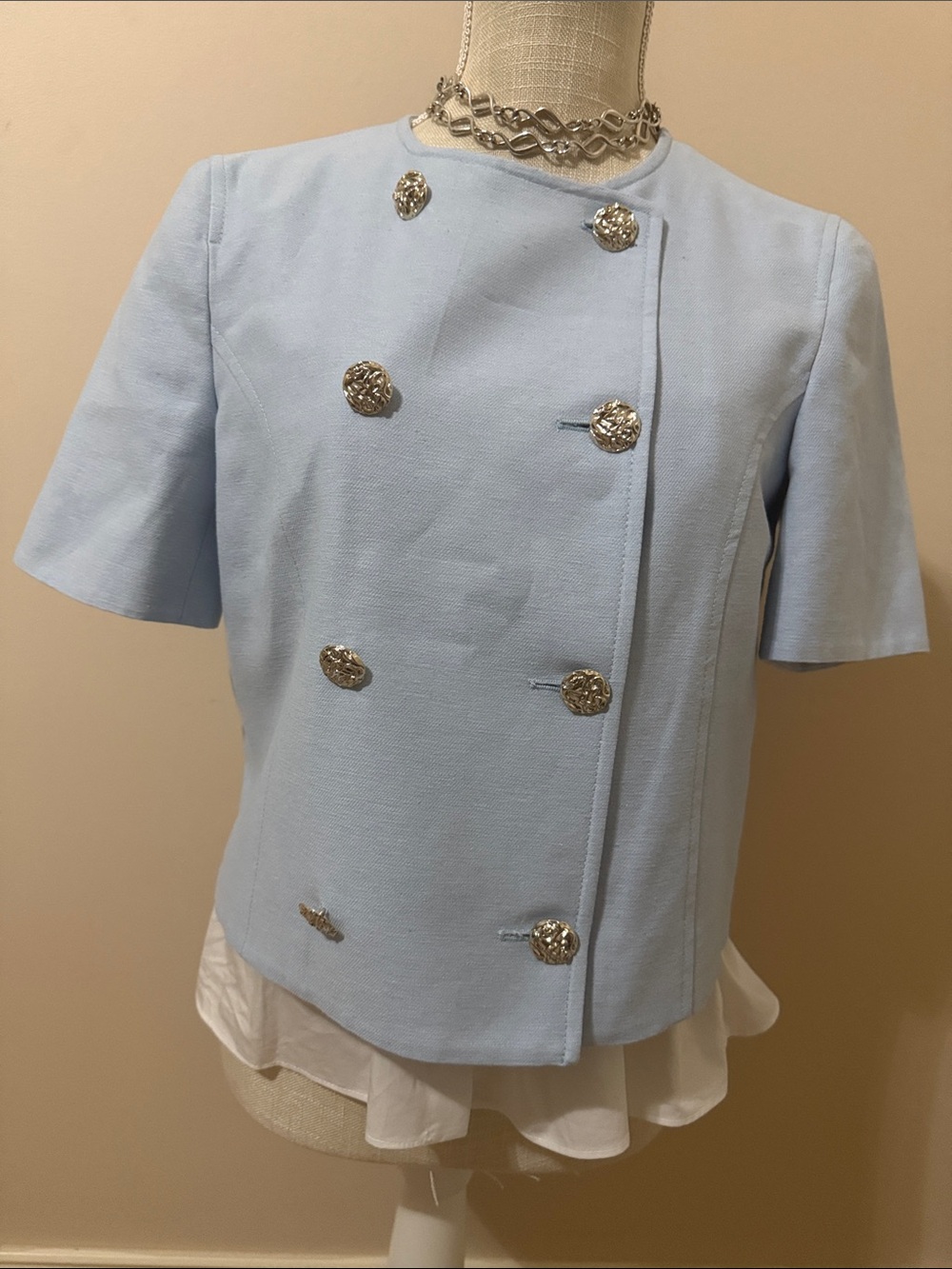 NWT Zara Light Blue Double-Breasted Short Sleeve Jacket with Silver Buttons